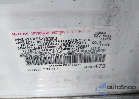 2011 Mitsubishi Outlander Sport Se из США, поврежденный, VIN JA4AR4AU5BZ015377